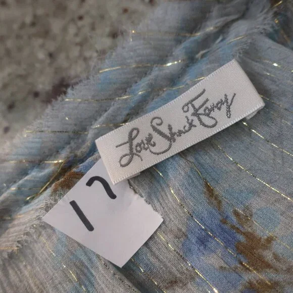 Womens LoveShackFancy Pale Blue Metallic Gold Silk Floral Mini Popover Dress XS - Picture 9 of 15